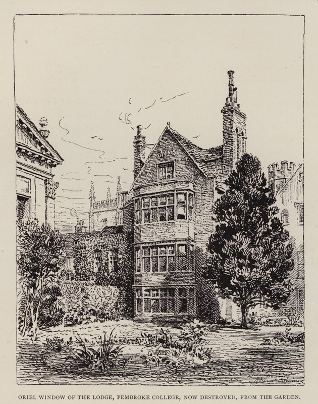 Cambridge: Oriel Window of the Lodge, Pembroke College, agora destruída, do Garden (gravura) de English School