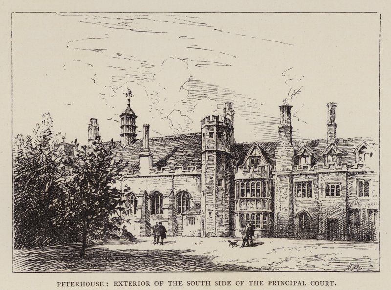 Cambridge: Peterhouse, Exterior do Lado Sul do Tribunal Principal (gravura) de English School