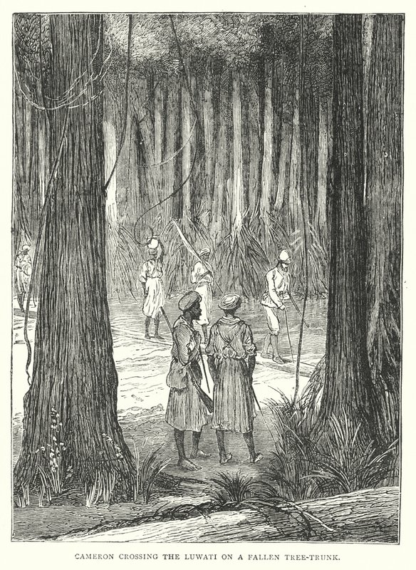 Cameron atravessando o Luwati em um tronco de árvore caída (gravura) de English School