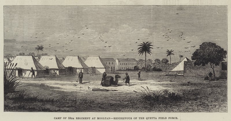 Acampamento do 59º Regimento em Mooltan, Rendezvous of the Quetta Field Force (gravura) de English School