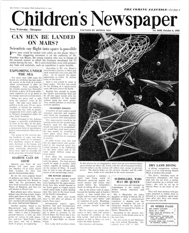Pode o homem ser desembarcado em Marte, na primeira página do &39;The Children&39;s Newspaper&39;, outubro de 1951 (papel de jornal) de English School