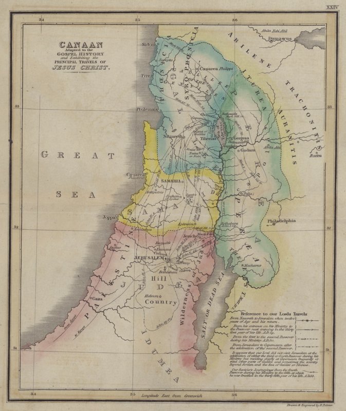 Canaã adaptada à História do Evangelho e exibindo a Viagem Principal de Jesus Cristo (gravura colorida) de English School