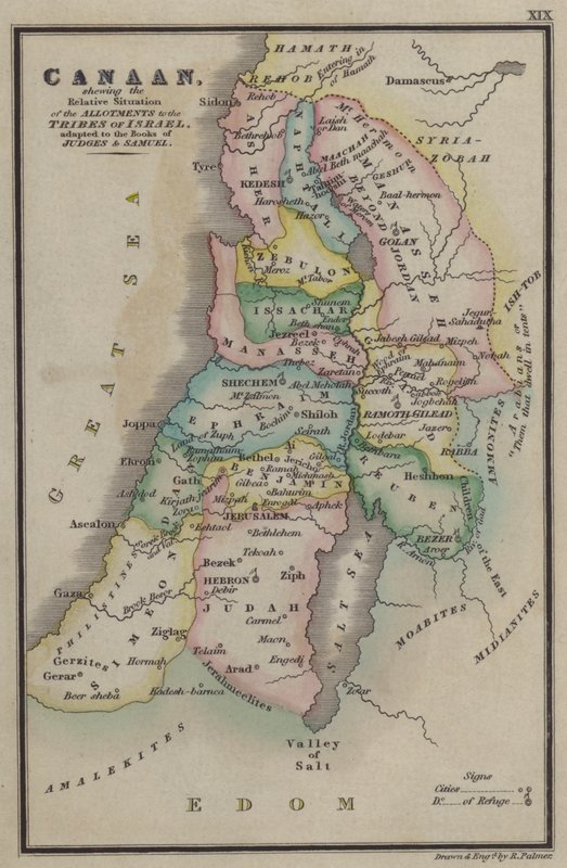 Canaã, mostrando a Situação Relativa dos Lotes às Tribos de Israel, adaptada aos Livros dos Juízes e Samuel (gravura colorida) de English School