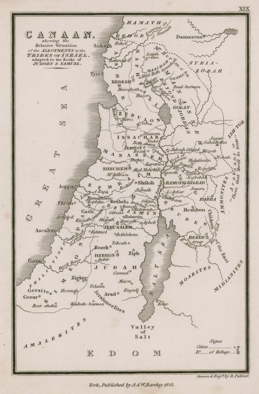 Canaã, mostrando a Situação Relativa dos Loteamentos às Tribos de Israel, adaptada aos Livros de Juízes e Samuel de English School