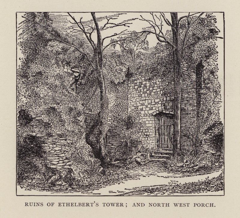 Canterbury: Ruínas da Torre de Ethelbert, e North West Porch (litho) de English School