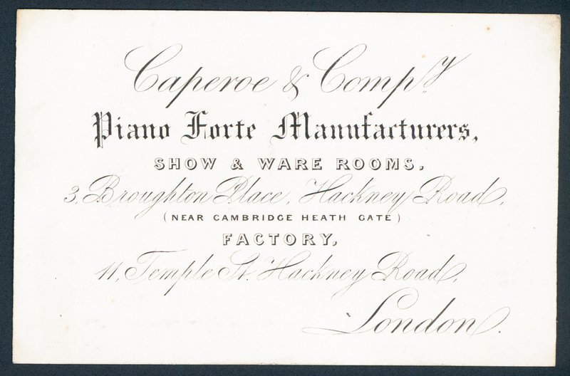 Caperoe & Company, fabricantes de piano forte, cartão comercial de English School
