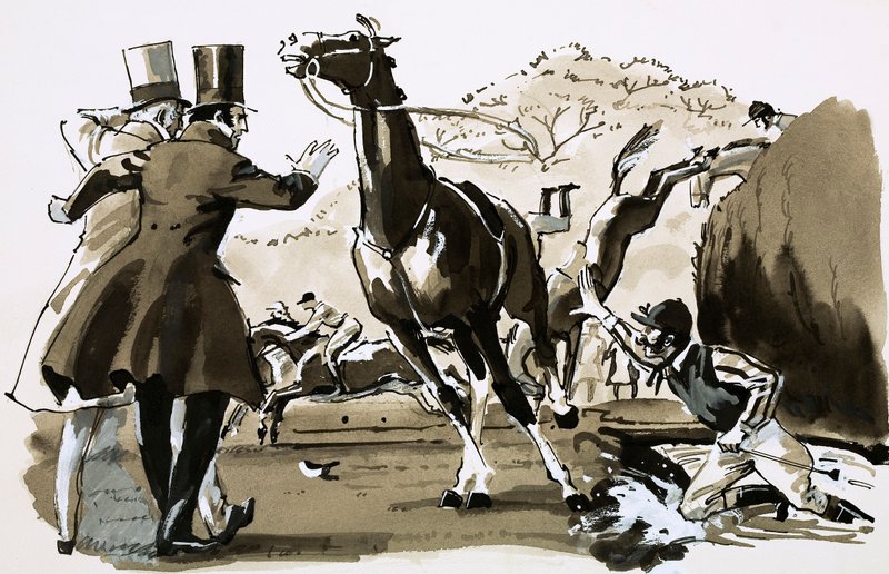 Capitão Becher, atirado a uma cerca durante o Grand National (guache no papel) de English School