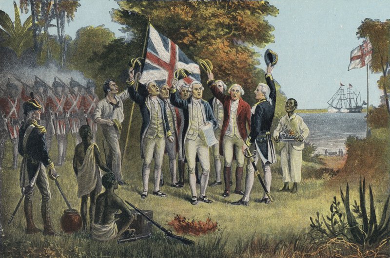 Captain Cook Taking Possession of Australia (cor litho) de English School