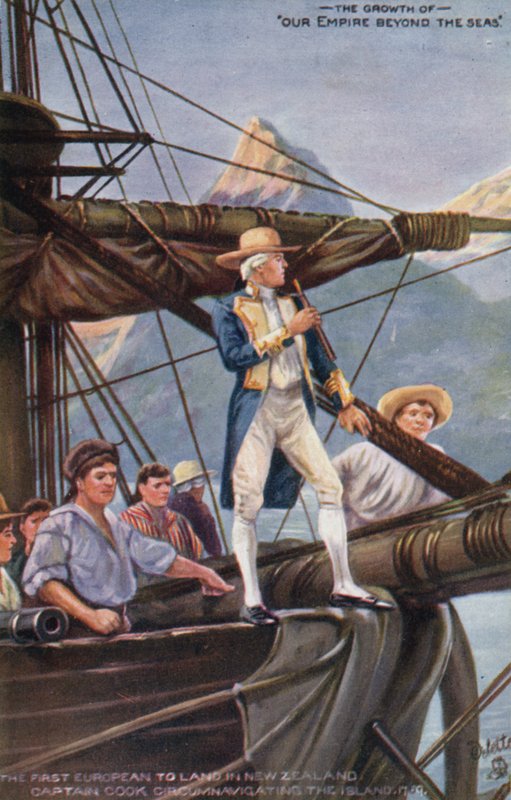 Capitão Cook circunavegando a Nova Zelândia, 1769 de English School