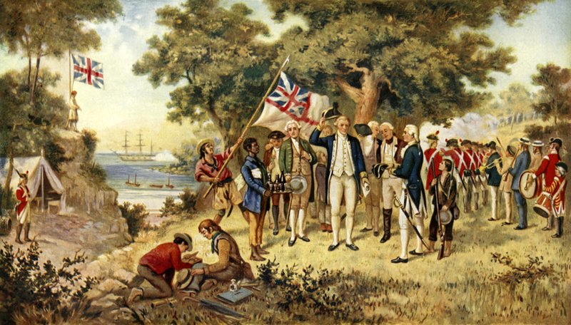 Capitão Cook tomando posse de Nova Gales do Sul, 1770 de English School