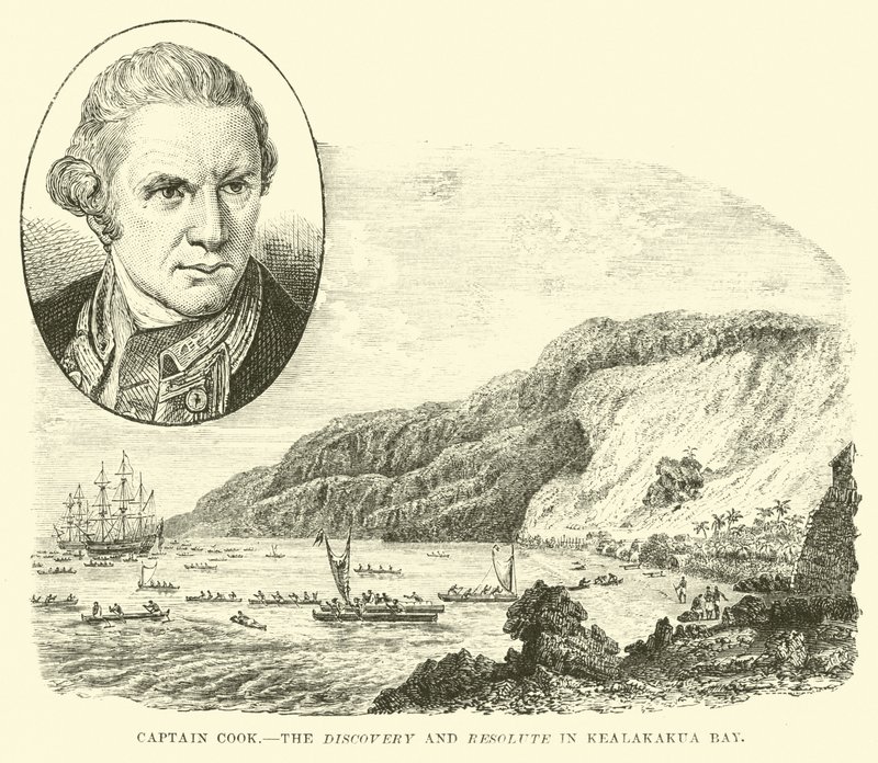 Capitão Cook, a Descoberta e Resoluta na Baía de Kealakakua de English School