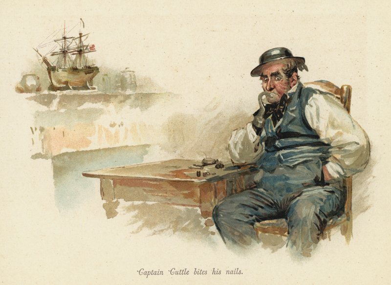 O Capitão Cuttle morde as suas unhas (chromolitho) de English School