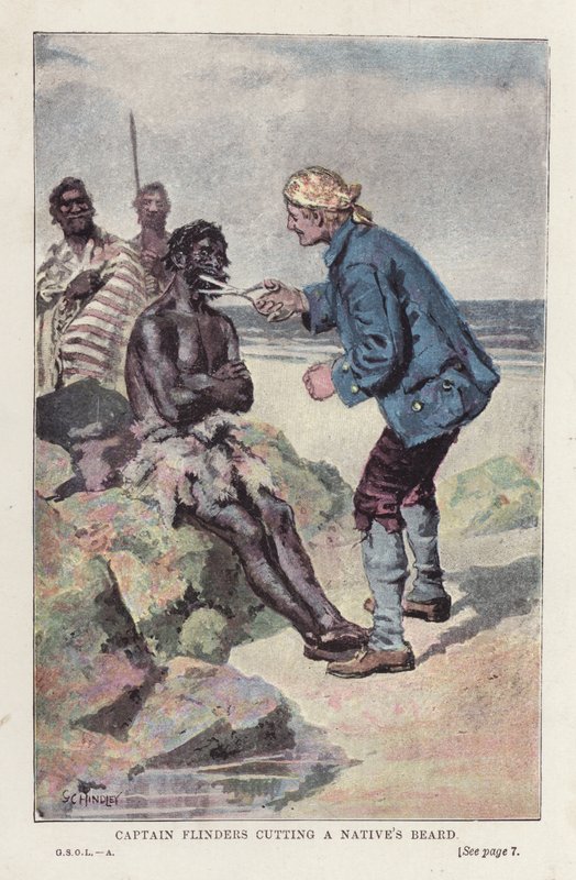 Capitão Flinders cortando a barba de um nativo (cor litho) de English School