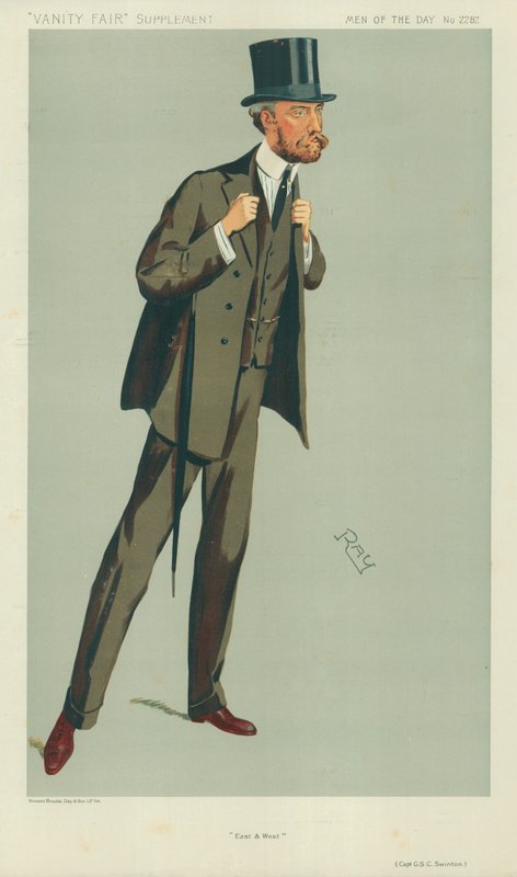 Capitão GSC Swinton, Leste e Oeste, 24 de julho de 1912, desenho animado da Vanity Fair de English School