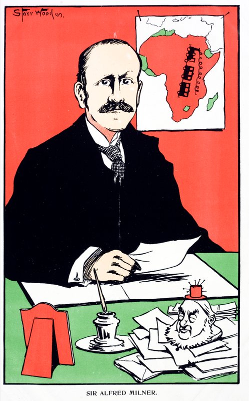 Caricatura de Sir Alfred Milner, governador colonial britânico da Colónia do Cabo, no início da Segunda Guerra da Boer de English School