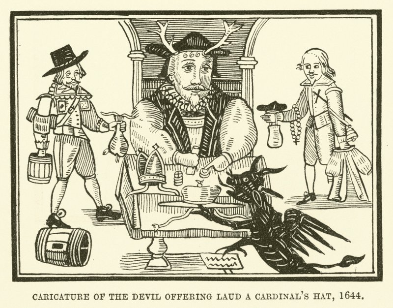 Caricatura do diabo oferecendo a Laud um chapéu de cardeal de English School