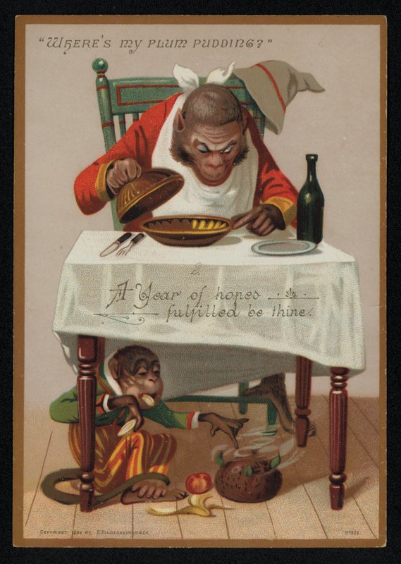 Desenho animado de macacos e um pudim de ameixa, cartão de Ano Novo. (chromolitho) de English School