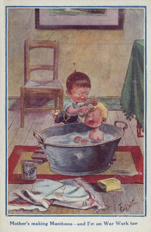 Cartão postal de propaganda dos desenhos animados de dois meninos de English School