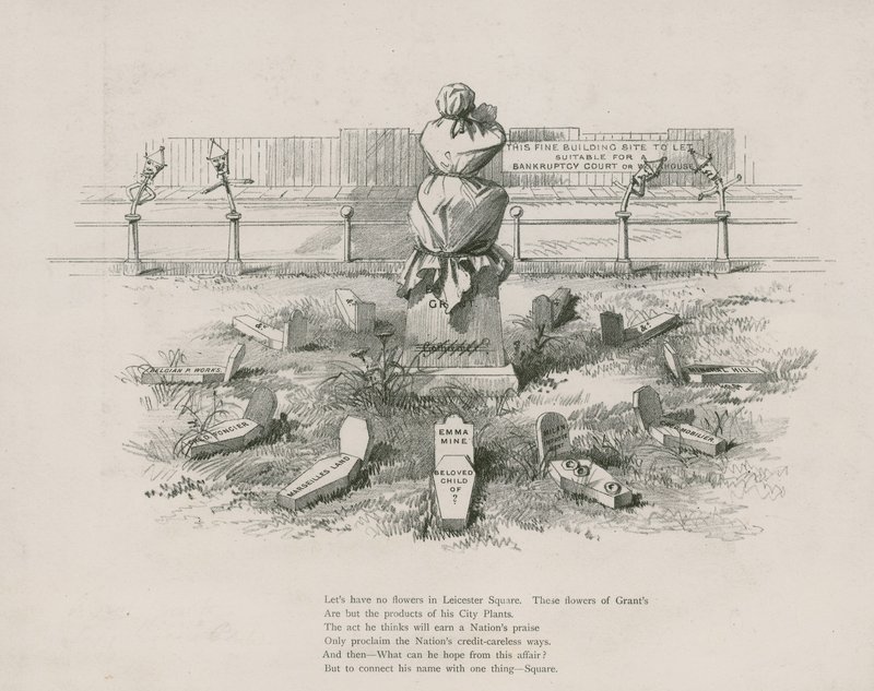 Desenhos animados, sátira em Albert Grant, as sepulturas representando suas especulações obscuras de English School