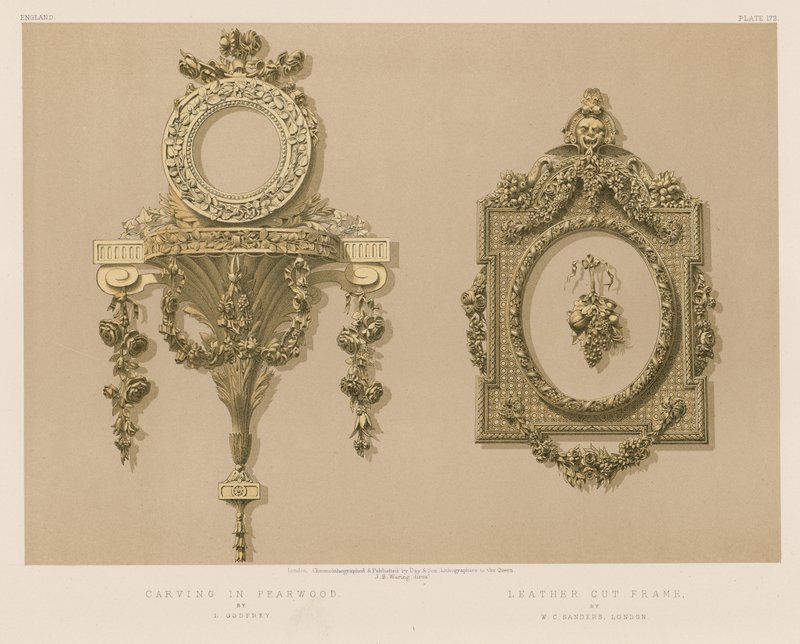 Talhado em Pearwood por L Godfrey; Moldura de corte de couro por WC Sanders, Londres de English School