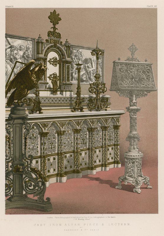 Peça de altar de ferro fundido e atril por Barbezet and Co, Paris de English School