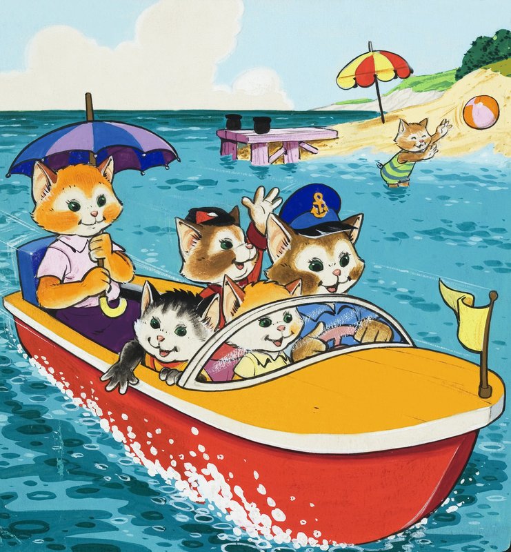 Família gato, em, motorboat de English School