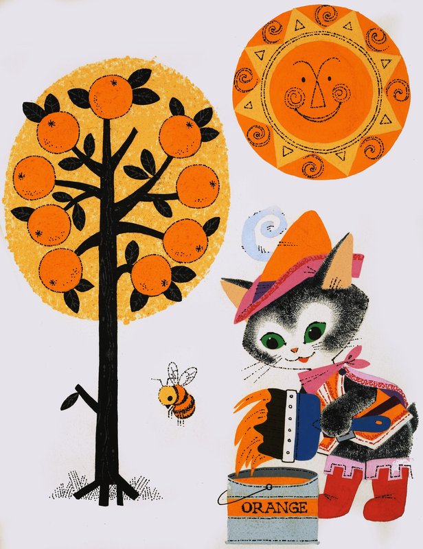 Gato pintando a laranja do mundo de English School