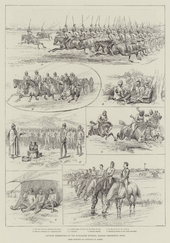 Manobras de Cavalaria da Divisão de Bangalore, Presidência de Madras, Índia (gravura) de English School