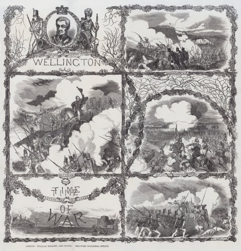 Celebração das vitórias do Duque de Wellington no Cerco de Seringapatam (1799), na derrota de Dhondia Wagh (1800), na Batalha de Assaye (1803) e na Batalha de Waterloo (1815) (gravura) de English School