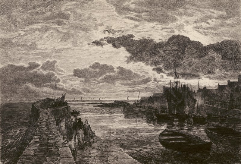 Cellardyke Harbour, gravado por Chauvel, segundo Sam Bough (litografia) de English School