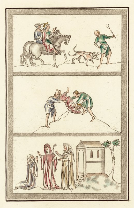 Cenelmo, rei de Mércia, caça, assassinato de rei, abadessa, freira e âncora (gravura colorida) de English School