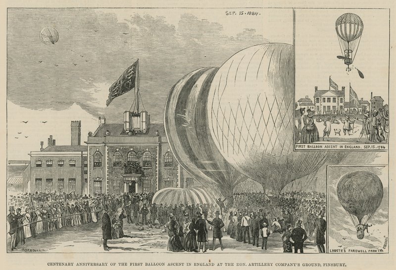 Aniversário do centenário da primeira subida do balão na Inglaterra no Exmo. Artilharia Companys, Finsbury de English School