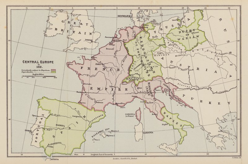 A Europa Central em 1812 (litografia a cores) de English School