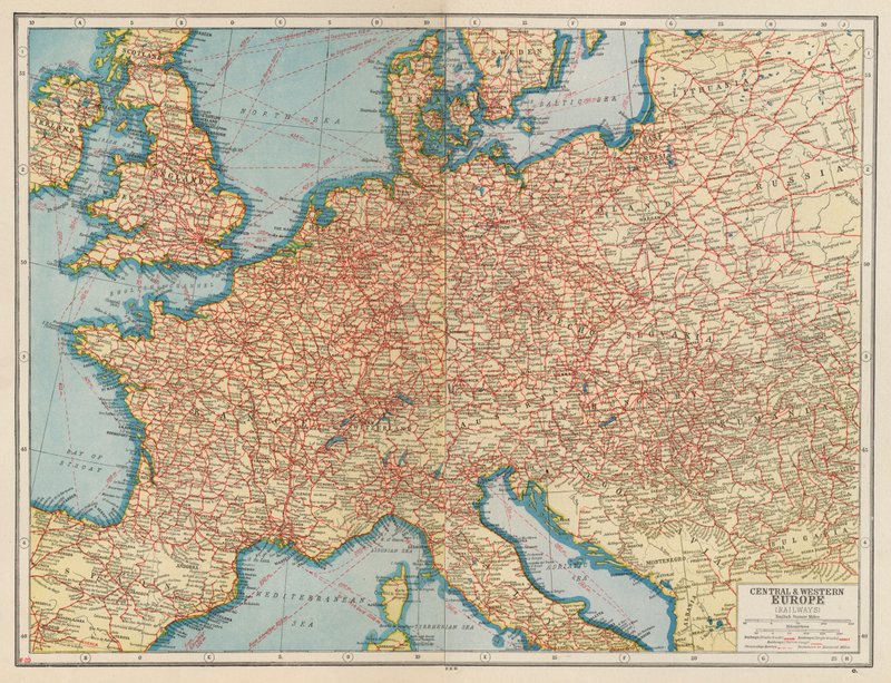Europa Central e Ocidental, Caminhos-de-ferro (litografia a cores) de English School