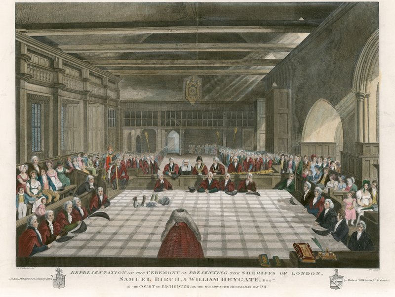 Cerimônia de apresentação dos xerifes de Londres, Samuel Birch e William Heygate, no Tribunal de Exchequer, no dia seguinte a Michaelmas Day, 1811 de English School