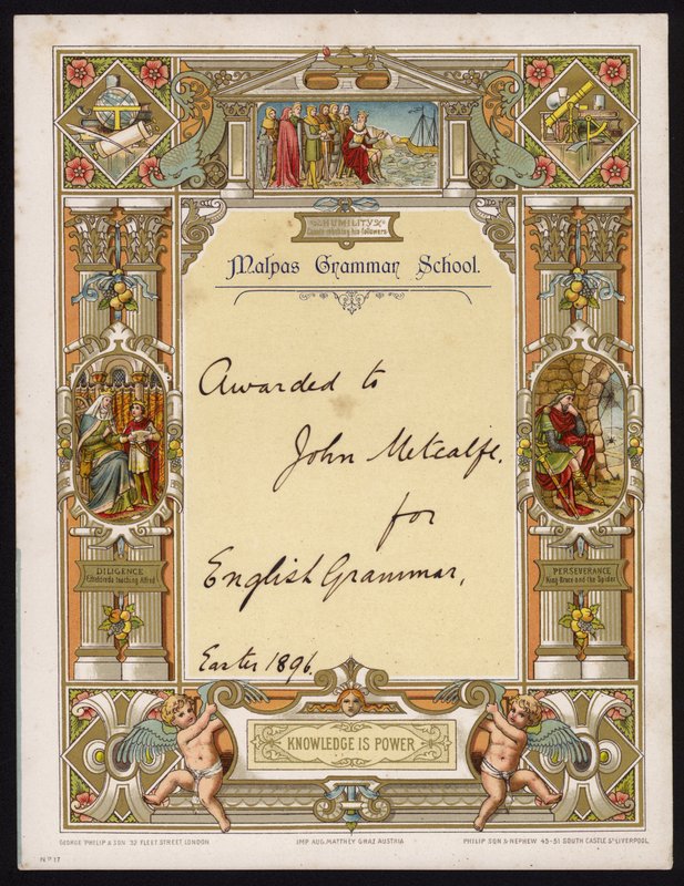 Certificado de gramática inglesa atribuído a um aluno da Escola de Gramática de Malpas, Cheshire de English School