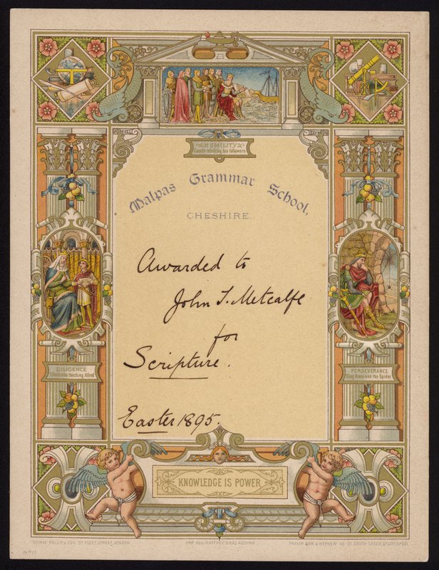 Certificado de escritura concedido a um aluno da Escola de Gramática de Malpas, Cheshire de English School