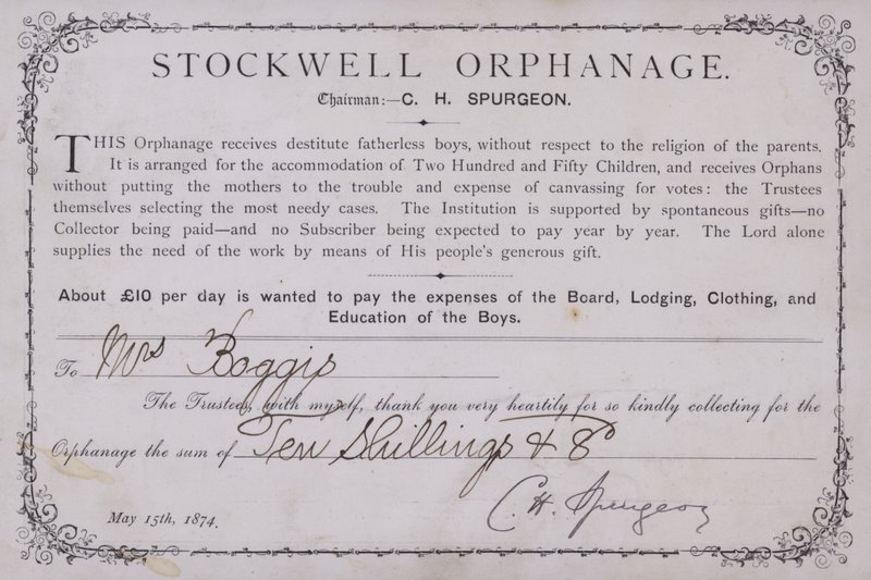 Certificado de agradecimento por doação ao Orfanato Stockwell, Londres, 1874 de English School