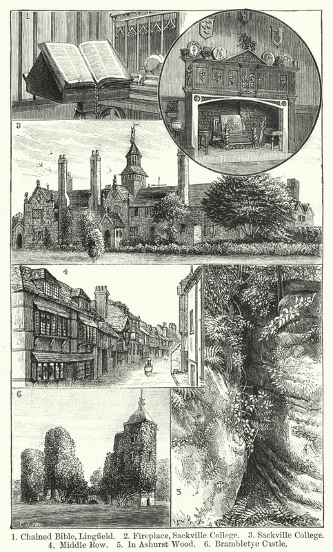 Bíblia acorrentada, Lingfield; Lareira, Colégio de Sackville; Colégio de Sackville; Fila Média; Em Ashurst Wood; Castelo de Brambletye (gravura) de English School