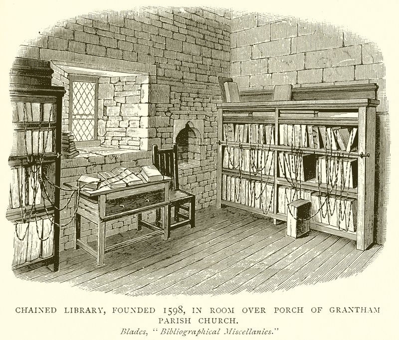 Biblioteca acorrentada, fundada em 1598, na sala sobre o alpendre da igreja paroquial de Grantham de English School