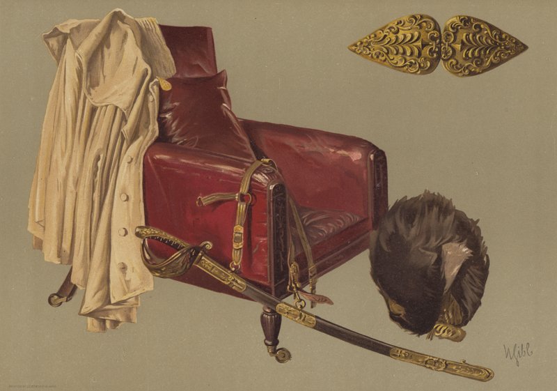 Cadeira e capa do Marechal de Campo Duque de Wellington, com pele de urso e espada dos Guardas Granadeiros (chromolitho) de English School