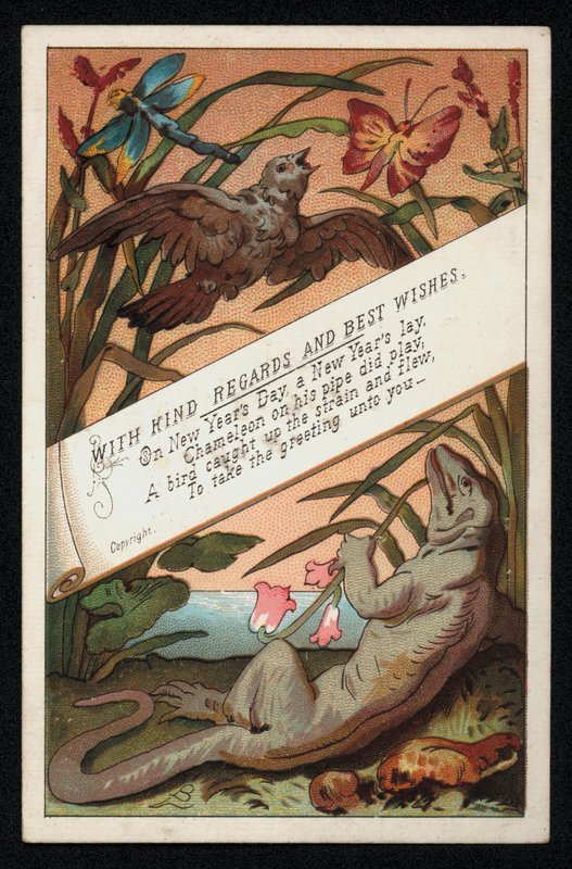Camaleão com verso e um pássaro, cartão de boas-vindas de Ano Novo. (chromolitho) de English School