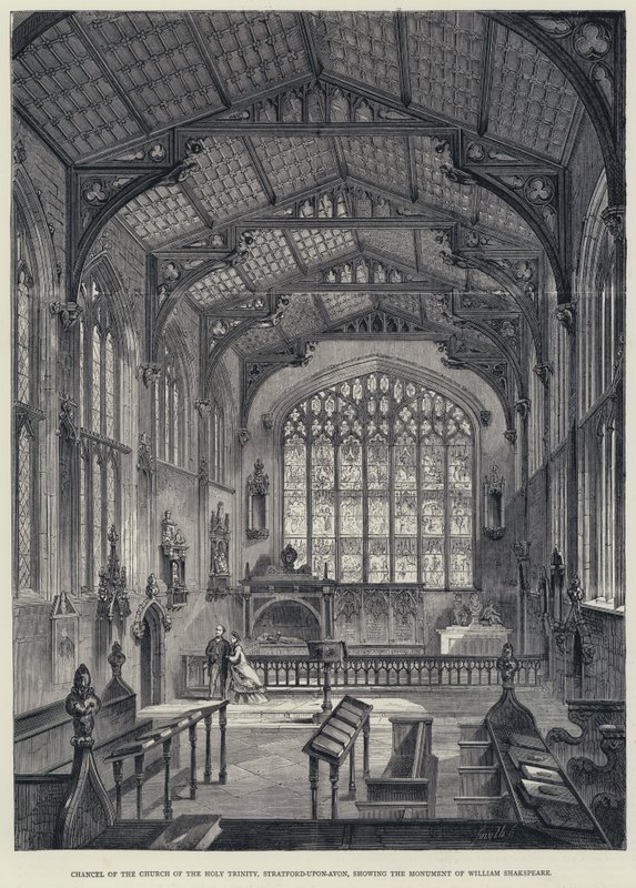 Chancelaria da Igreja da Santíssima Trindade, Stratford-upon-Avon, mostrando o Monumento de William Shakspeare (gravura) de English School