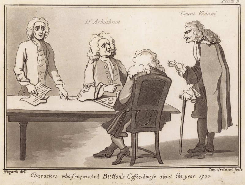 Personagens que frequentavam o Button Coffee House no ano de 1720: Dr Arbuthnot, Count Viviani de English School