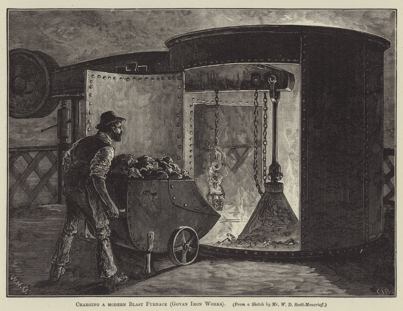 Carregamento de um alto-forno moderno (Govan Iron Works) (gravura) de English School