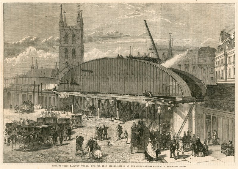 Obras Charing Cross Railway: ponte de viga de ferro monstro na estação ferroviária de London Bridge de English School