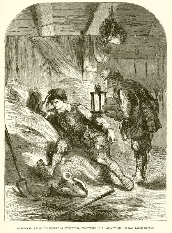 Charles II., Após a derrota em Worcester, descoberto em um celeiro, onde ele havia se refugiado de English School