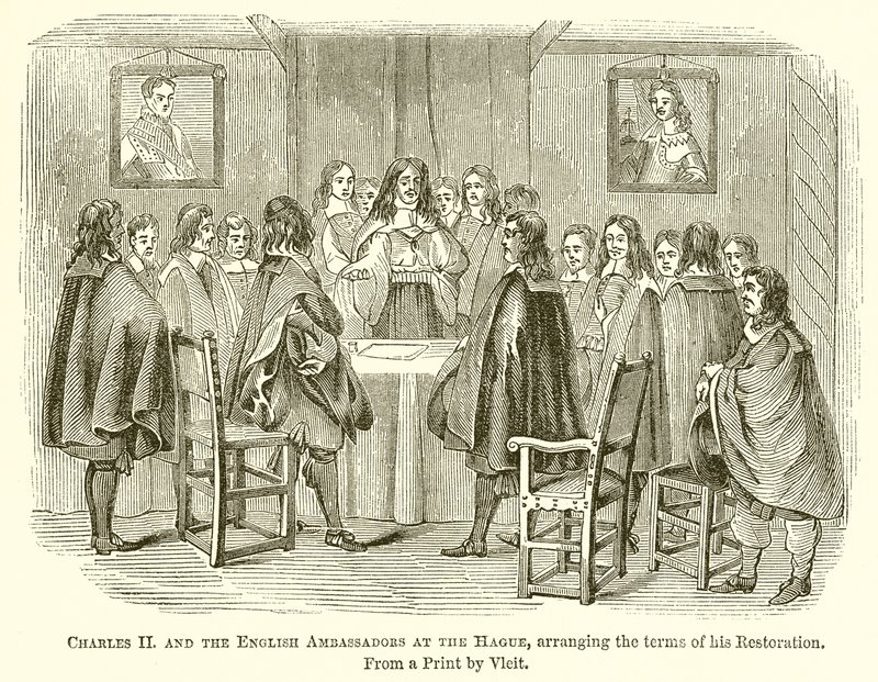 Charles II e os embaixadores ingleses em Haia, organizando os termos de sua restauração de English School