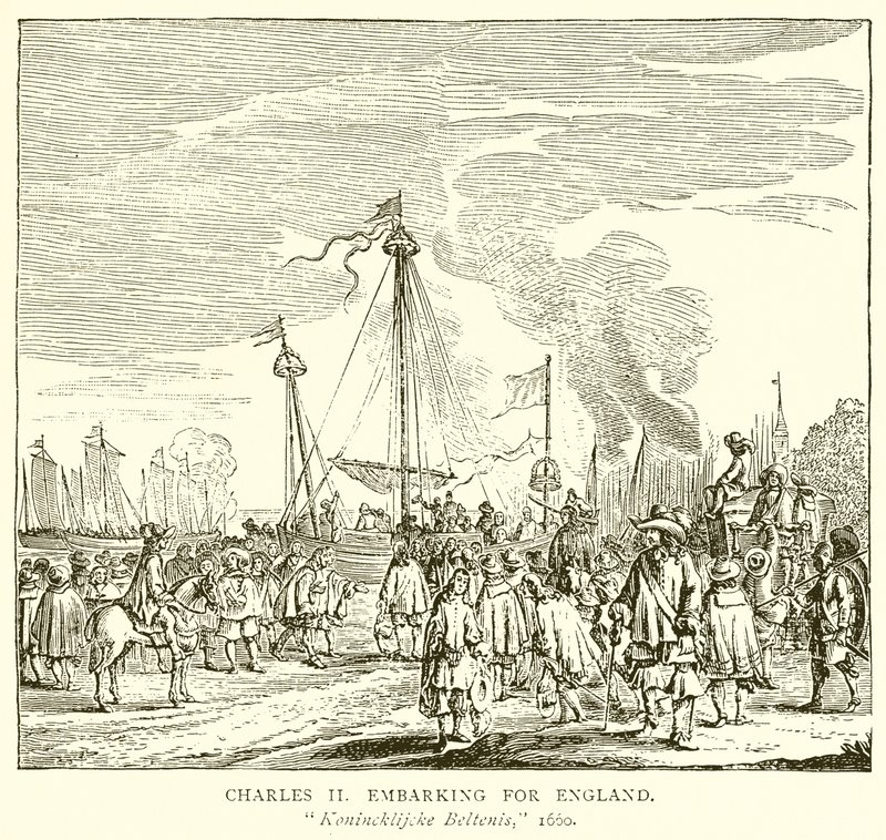 Charles II embarcando para a Inglaterra de English School