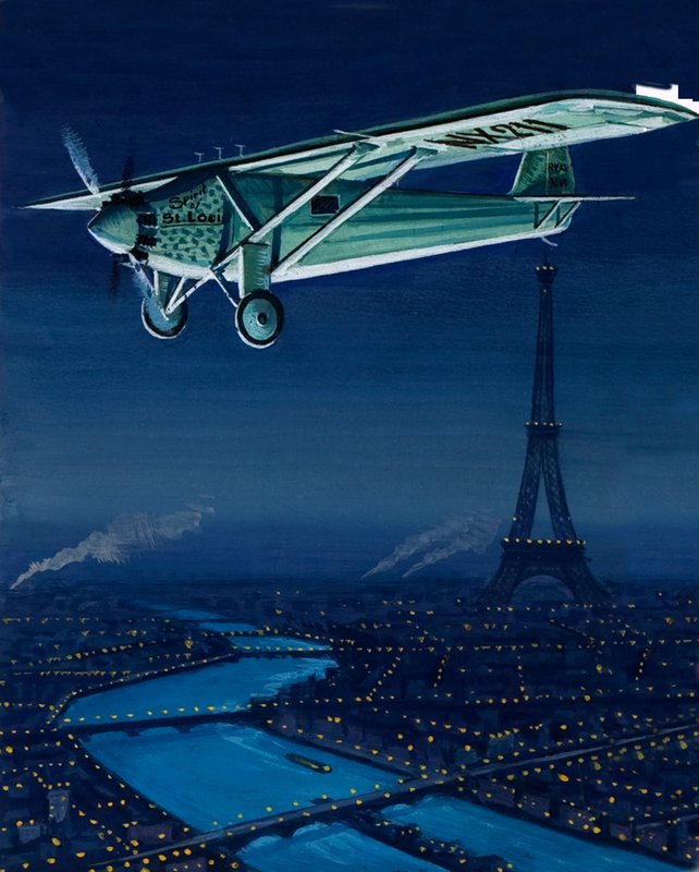 O monoplano de Charles Lindbergh, Ryan, o Espírito de St. Louis, voando sobre Paris de English School
